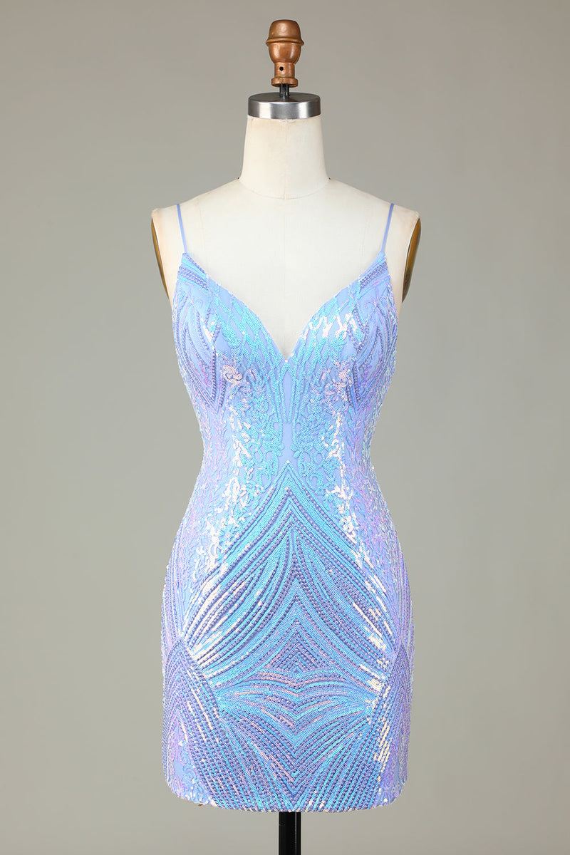 Load image into Gallery viewer, Sparkly Sheath Spaghetti Straps Blue Sequins Short Formal Dress with Backless