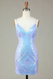 Sparkly Sheath Spaghetti Straps Blue Sequins Short Formal Dress with Backless