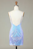 Sparkly Sheath Spaghetti Straps Blue Sequins Short Formal Dress with Backless