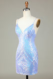 Sparkly Sheath Spaghetti Straps Blue Sequins Short Formal Dress with Backless