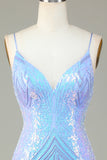 Sparkly Sheath Spaghetti Straps Blue Sequins Short Formal Dress with Backless