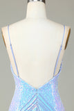 Sparkly Sheath Spaghetti Straps Blue Sequins Short Formal Dress with Backless