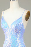 Sparkly Sheath Spaghetti Straps Blue Sequins Short Formal Dress with Backless