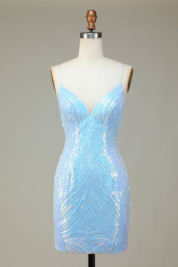 Sparkly Sheath Spaghetti Straps Blue Sequins Short Formal Dress with Backless