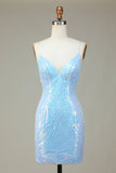 Sparkly Sheath Spaghetti Straps Blue Sequins Short Formal Dress with Backless