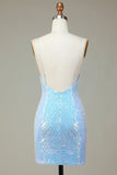 Sparkly Sheath Spaghetti Straps Blue Sequins Short Formal Dress with Backless