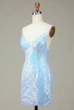 Sparkly Sheath Spaghetti Straps Blue Sequins Short Formal Dress with Backless