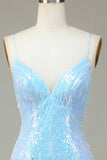 Sparkly Sheath Spaghetti Straps Blue Sequins Short Formal Dress with Backless