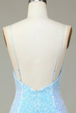 Sparkly Sheath Spaghetti Straps Blue Sequins Short Formal Dress with Backless