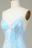 Sparkly Sheath Spaghetti Straps Blue Sequins Short Formal Dress with Backless