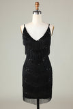 Sparkly Black Sequins Beaded Tight Short Formal Dress with Fringes