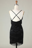 Sparkly Black Sequins Beaded Tight Short Formal Dress with Fringes