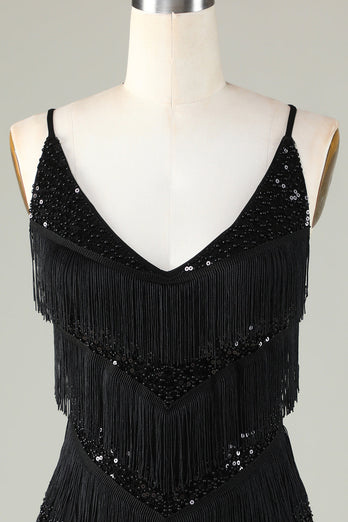 Sparkly Black Sequins Beaded Tight Short Formal Dress with Fringes