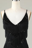 Sparkly Black Sequins Beaded Tight Short Formal Dress with Fringes