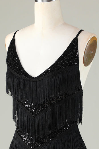 Sparkly Black Sequins Beaded Tight Short Formal Dress with Fringes