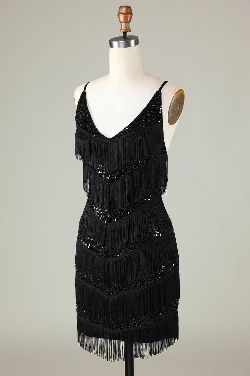 Load image into Gallery viewer, Sparkly Black Sequins Beaded Tight Short Formal Dress with Fringes