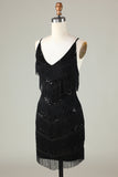 Sparkly Black Sequins Beaded Tight Short Formal Dress with Fringes