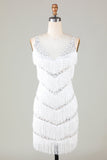 White Bodycon V-Neck Cross Back Tassel Short Formal Dress