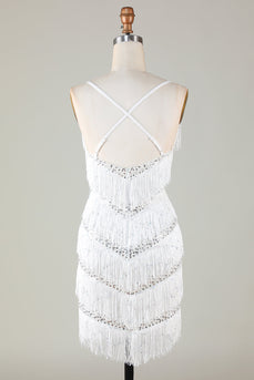 White Bodycon V-Neck Cross Back Tassel Short Formal Dress
