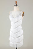 White Bodycon V-Neck Cross Back Tassel Short Formal Dress