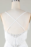 White Bodycon V-Neck Cross Back Tassel Short Formal Dress