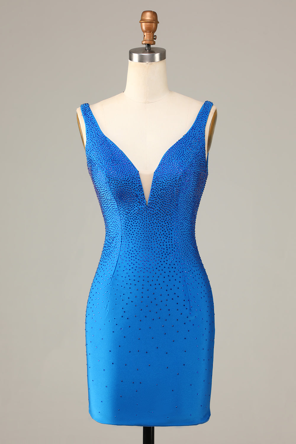 Sheath Deep V Neck Blue Short Formal Dress with Beading