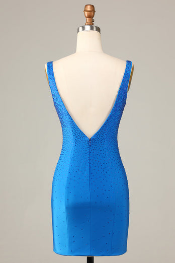 Sheath Deep V Neck Blue Short Formal Dress with Beading