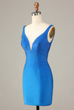 Sheath Deep V Neck Blue Short Formal Dress with Beading