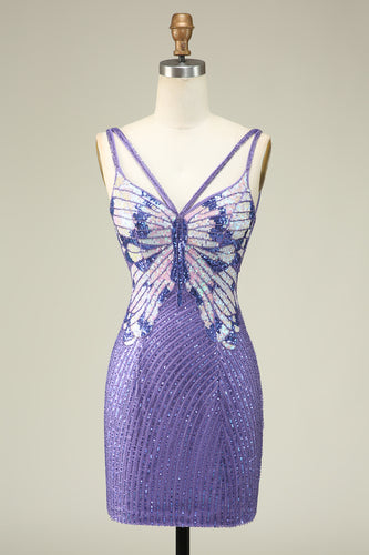 Sheath Spaghetti Straps Purple Sequins Short Formal Dress