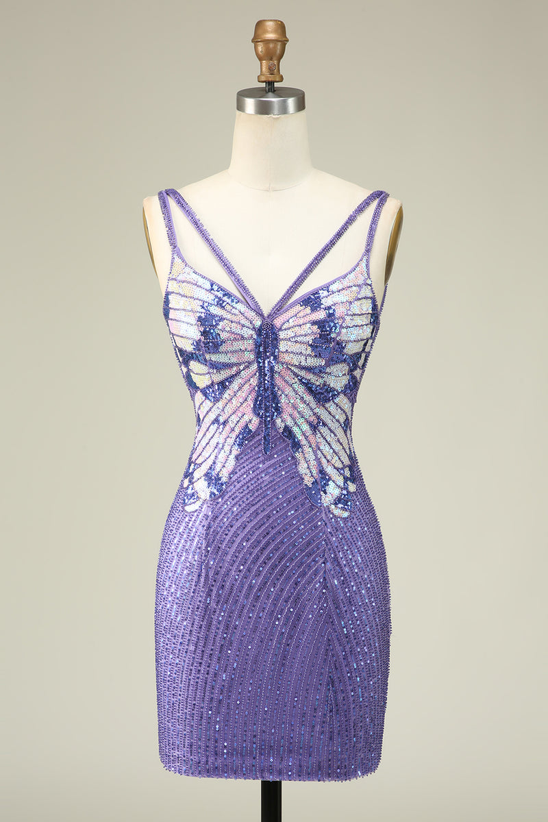 Load image into Gallery viewer, Sheath Spaghetti Straps Purple Sequins Short Formal Dress