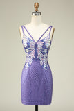 Sheath Spaghetti Straps Purple Sequins Short Formal Dress