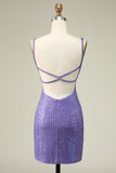 Sheath Spaghetti Straps Purple Sequins Short Formal Dress