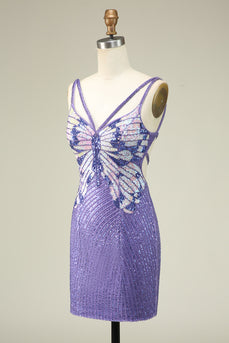 Sheath Spaghetti Straps Purple Sequins Short Formal Dress