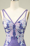 Sheath Spaghetti Straps Purple Sequins Short Formal Dress