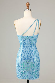 Sheath One Shoulder Blue Sequins Short Formal Dress with Tassel