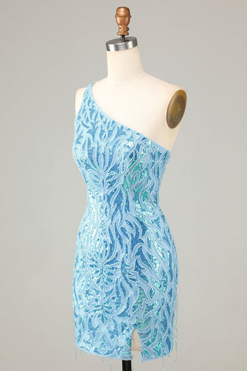 Sheath One Shoulder Blue Sequins Short Formal Dress with Tassel