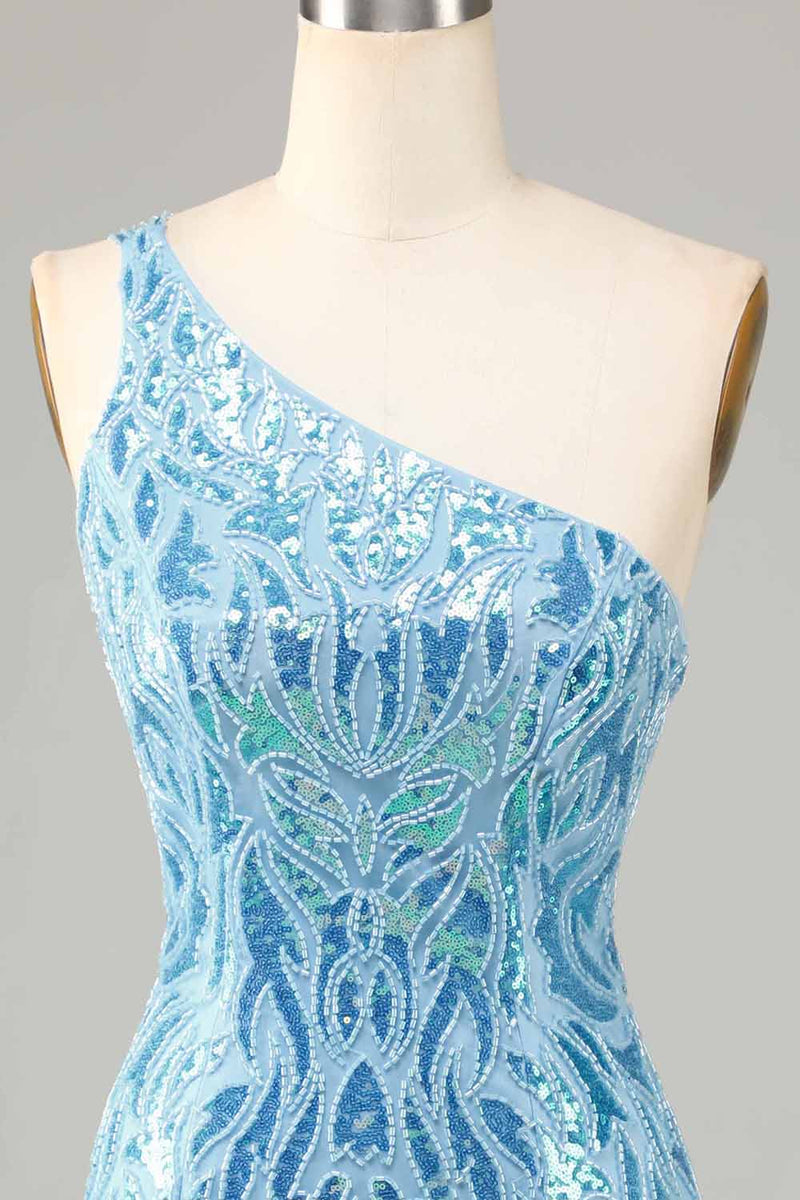 Load image into Gallery viewer, Sheath One Shoulder Blue Sequins Short Formal Dress with Tassel