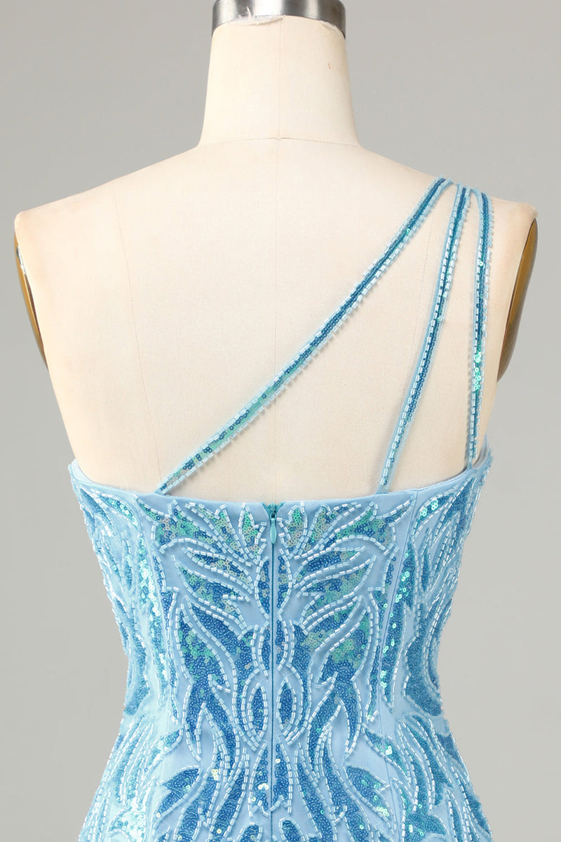 Load image into Gallery viewer, Sheath One Shoulder Blue Sequins Short Formal Dress with Tassel