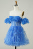 Load image into Gallery viewer, Blue Printed Detachable Sleeves Ruffled Short Formal Dress