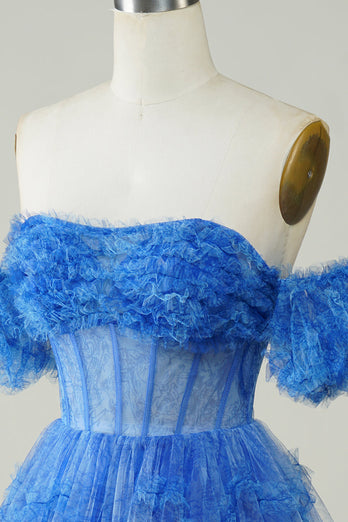 Blue Printed Detachable Sleeves Ruffled Short Formal Dress