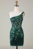 Bodycon One Shoulder Dark Green Sequins Short Formal Dress with Feather