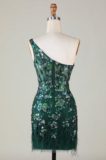 Bodycon One Shoulder Dark Green Sequins Short Formal Dress with Feather