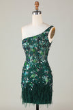 Bodycon One Shoulder Dark Green Sequins Short Formal Dress with Feather