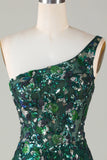 Bodycon One Shoulder Dark Green Sequins Short Formal Dress with Feather