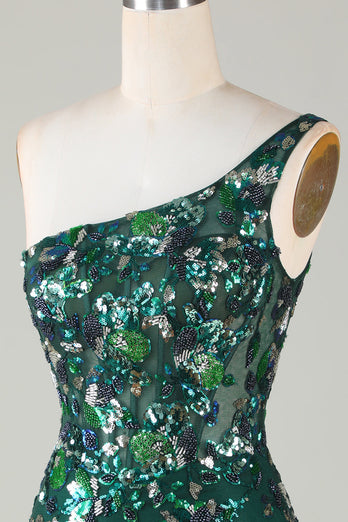 Bodycon One Shoulder Dark Green Sequins Short Formal Dress with Feather