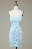 Sparkly Blue Sequins Beaded Flowers Tight Short Formal Dress