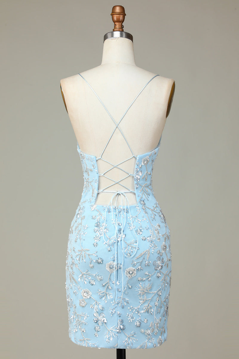 Load image into Gallery viewer, Sparkly Blue Sequins Beaded Flowers Tight Short Formal Dress