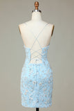 Sparkly Blue Sequins Beaded Flowers Tight Short Formal Dress