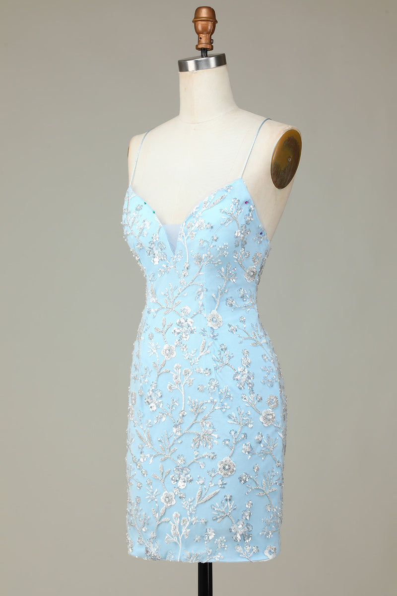 Load image into Gallery viewer, Sparkly Blue Sequins Beaded Flowers Tight Short Formal Dress