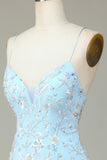 Sparkly Blue Sequins Beaded Flowers Tight Short Formal Dress